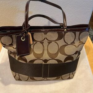 COACH Signature Canvas Tote with leather trim. Brown & Tan.